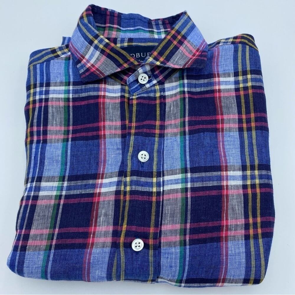 Ledbury Shirt Men's 15 /34 Blue Multicolor Plaid Linen Long Sleeve Quiet‎ Luxury
